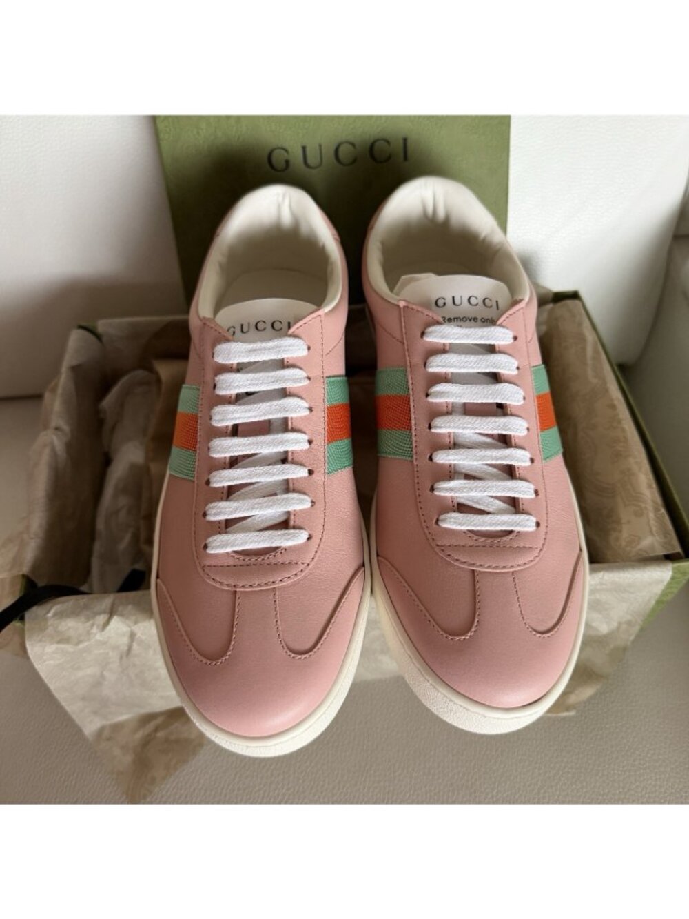 NEW Gucci Women's Sneakers Pink G74 Leather Web White size 38 8 US - Picture 2 of 10